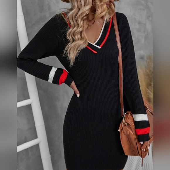 Striped Trim V Neck Sweater Dress - Picture 2 of 6